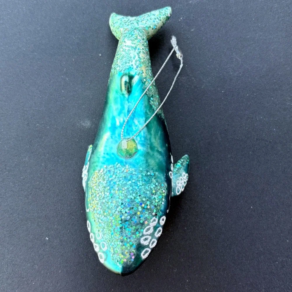 Blown Glass Humpback Whale Ornament Teal Turquoise Glitter Nautical‎ Christmas